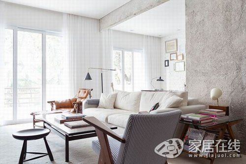 素色簡樸裝修 白色水泥墻裸露+拼花地板